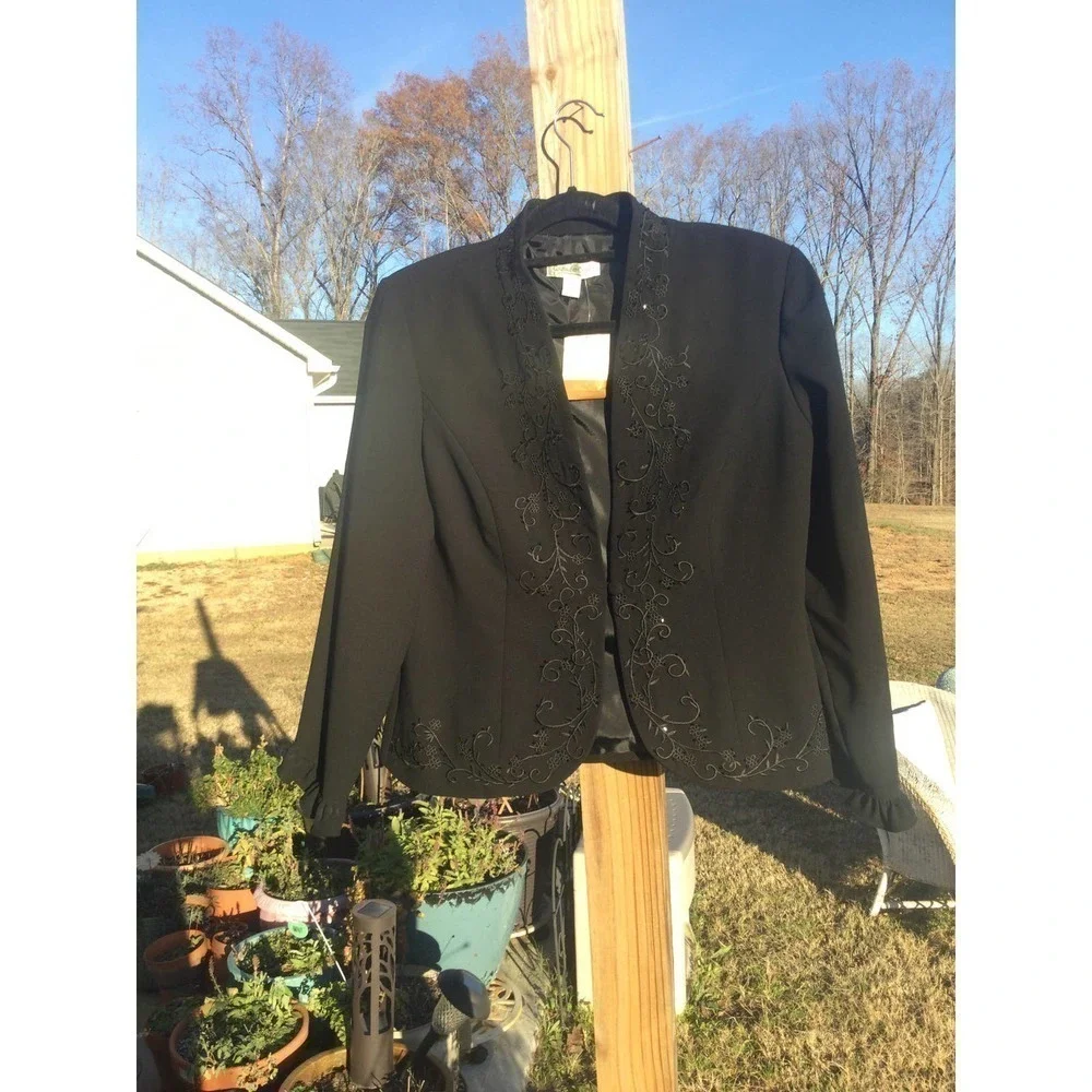 Coldwater creek womens black beaded blazer NEW 10p petite 10‎ ruffle holiday